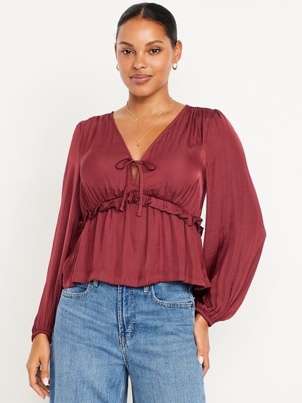 Old Navy Satin Red Ruffle Tie-Front V-Neck Blouse Top